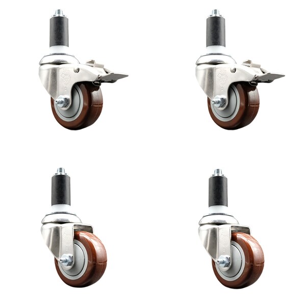 Service Caster 3 Inch 316SS Maroon Poly Swivel 1-3/8 Inch Stem Caster Lock Brake SCC, 2PK SS316TTLEX20S314-PPUB-MRN-2-S-2-138 - main